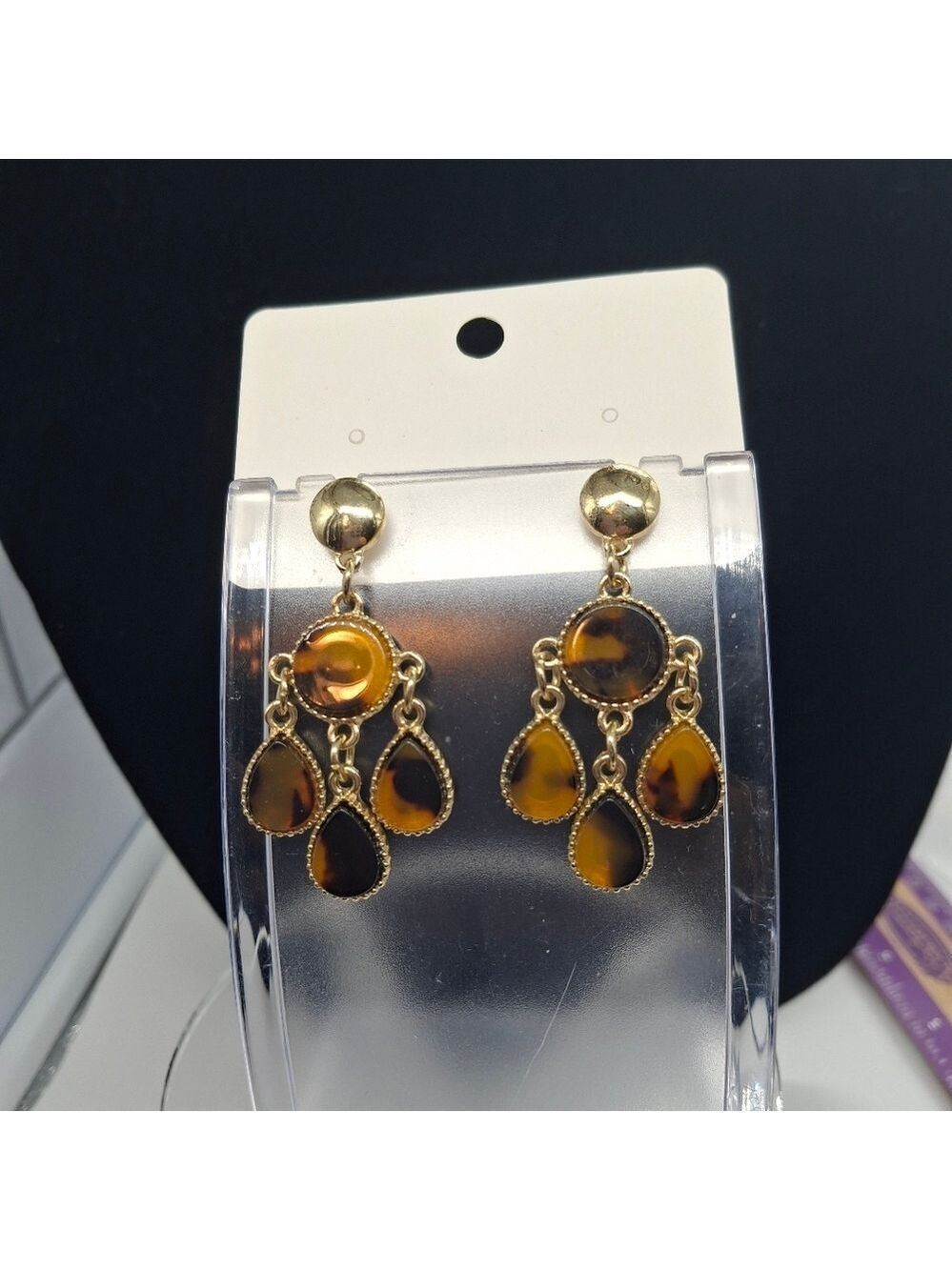 Tortoise brown and gold color dangle chandelier postback earrings  #25